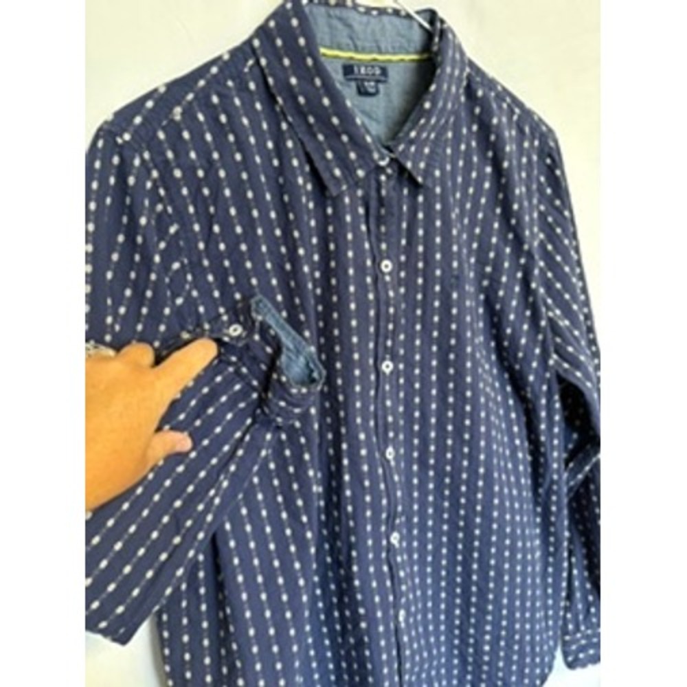 IZOD Boys Navy Blue Dot Daisy Stripe Long Sleeve Button Down Shirt XL Nature